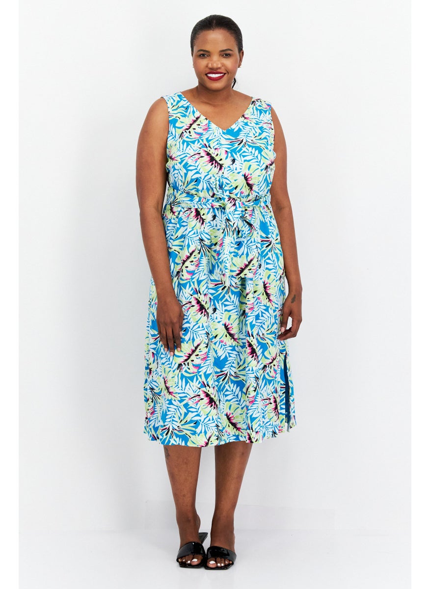 Women Plus Size V Neck Floral Midi Dress, Green Combo