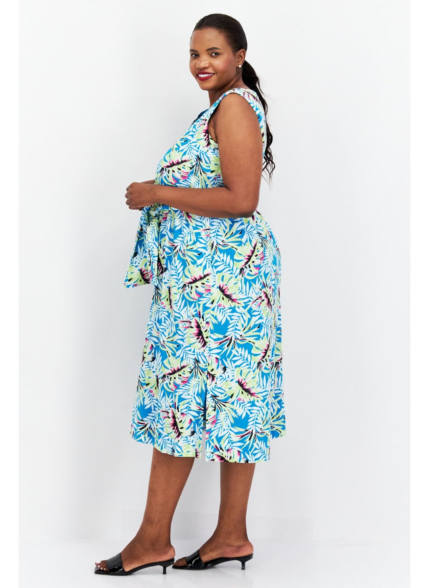 Women Plus Size V Neck Floral Midi Dress, Green Combo