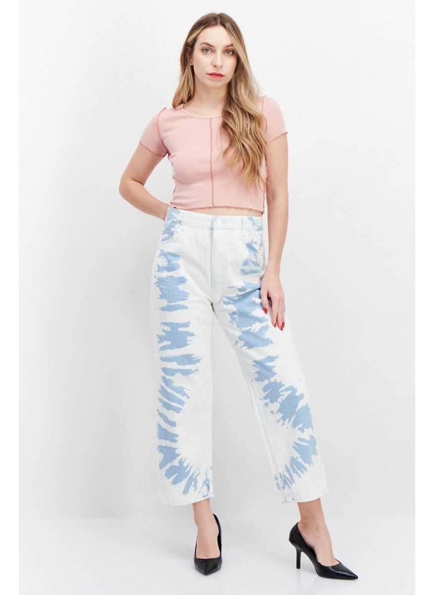 Women Straight Cropped  Wash Non-Stretchable Denim, White/Blue