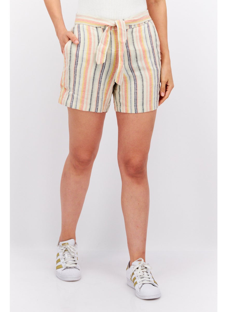 Women Striped Basic Shorts, Beige