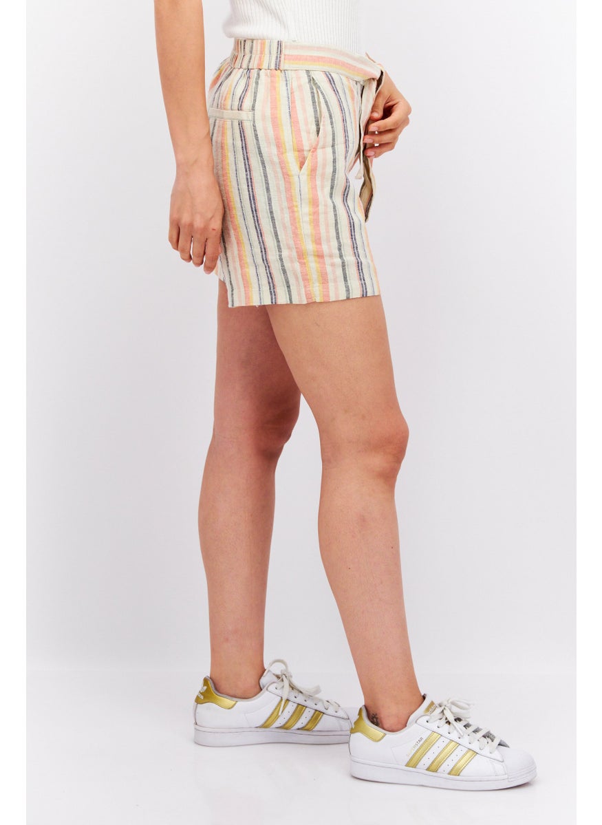 Women Striped Basic Shorts, Beige
