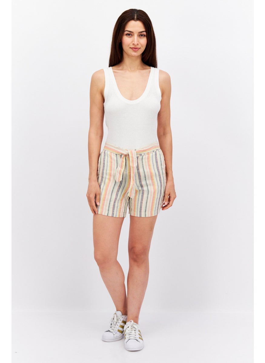 Women Striped Basic Shorts, Beige