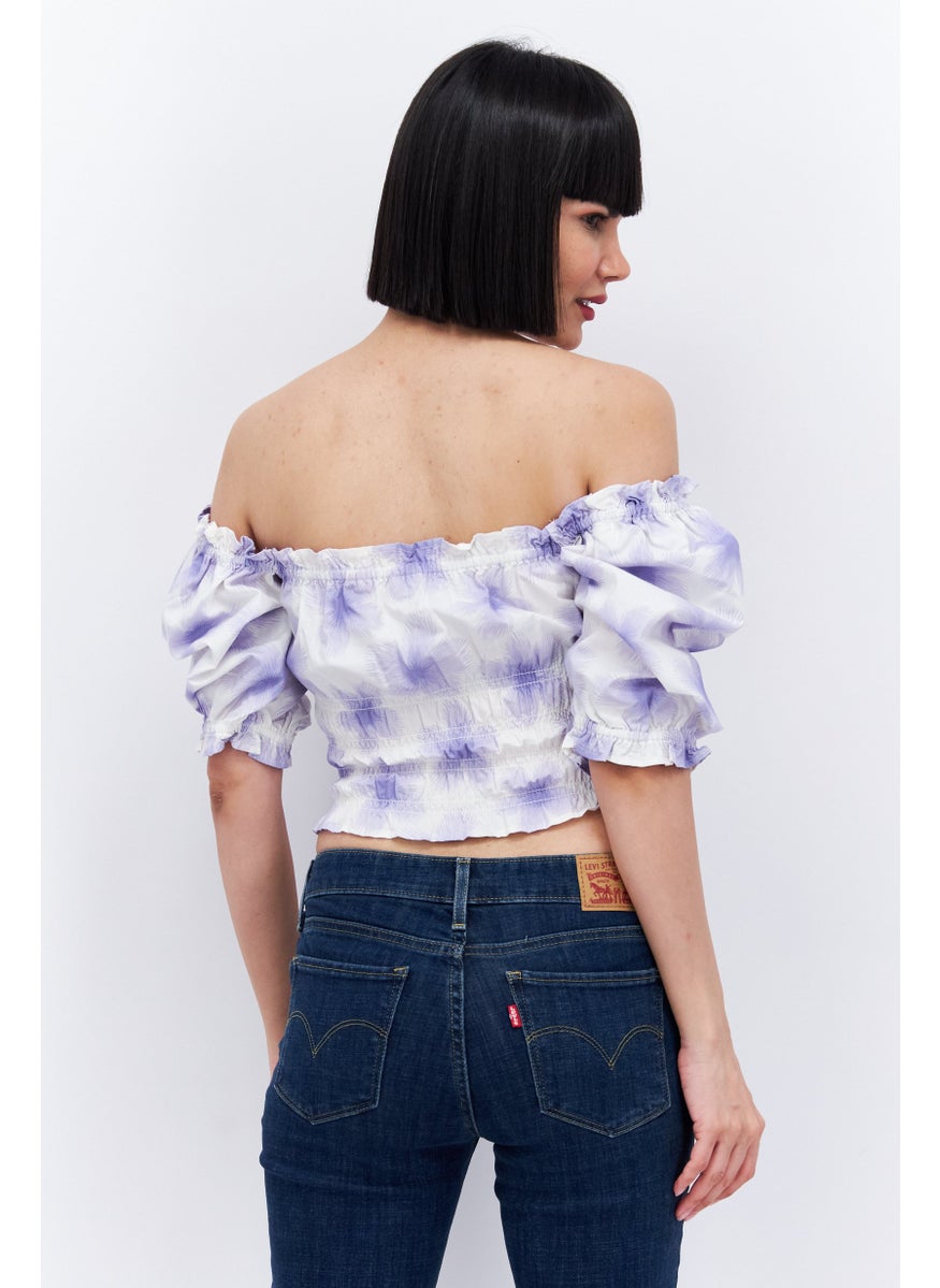 Women Off Shoulder Short Sleeve Allover Print Top, White