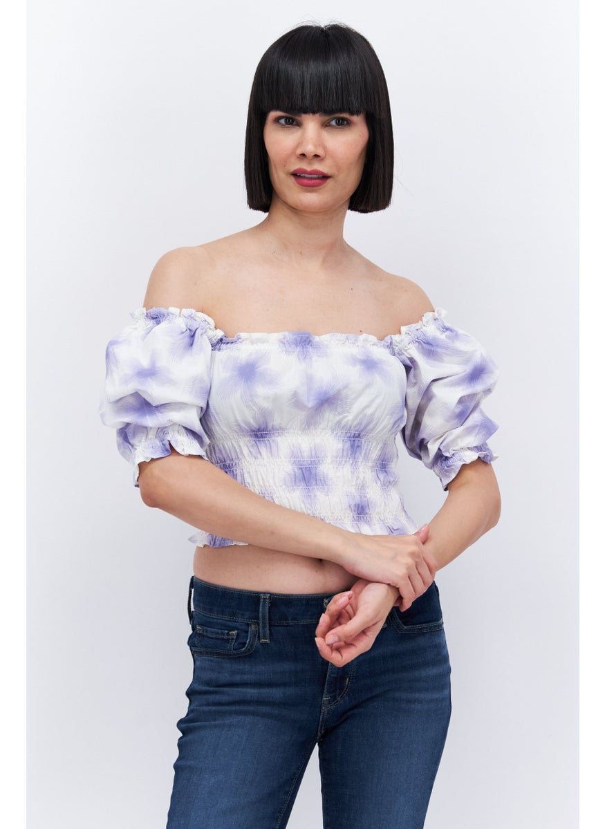 Women Off Shoulder Short Sleeve Allover Print Top, White