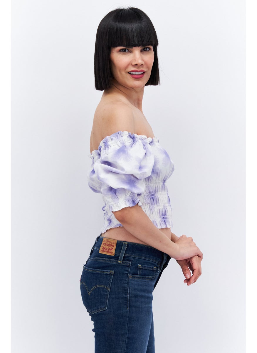 Women Off Shoulder Short Sleeve Allover Print Top, White