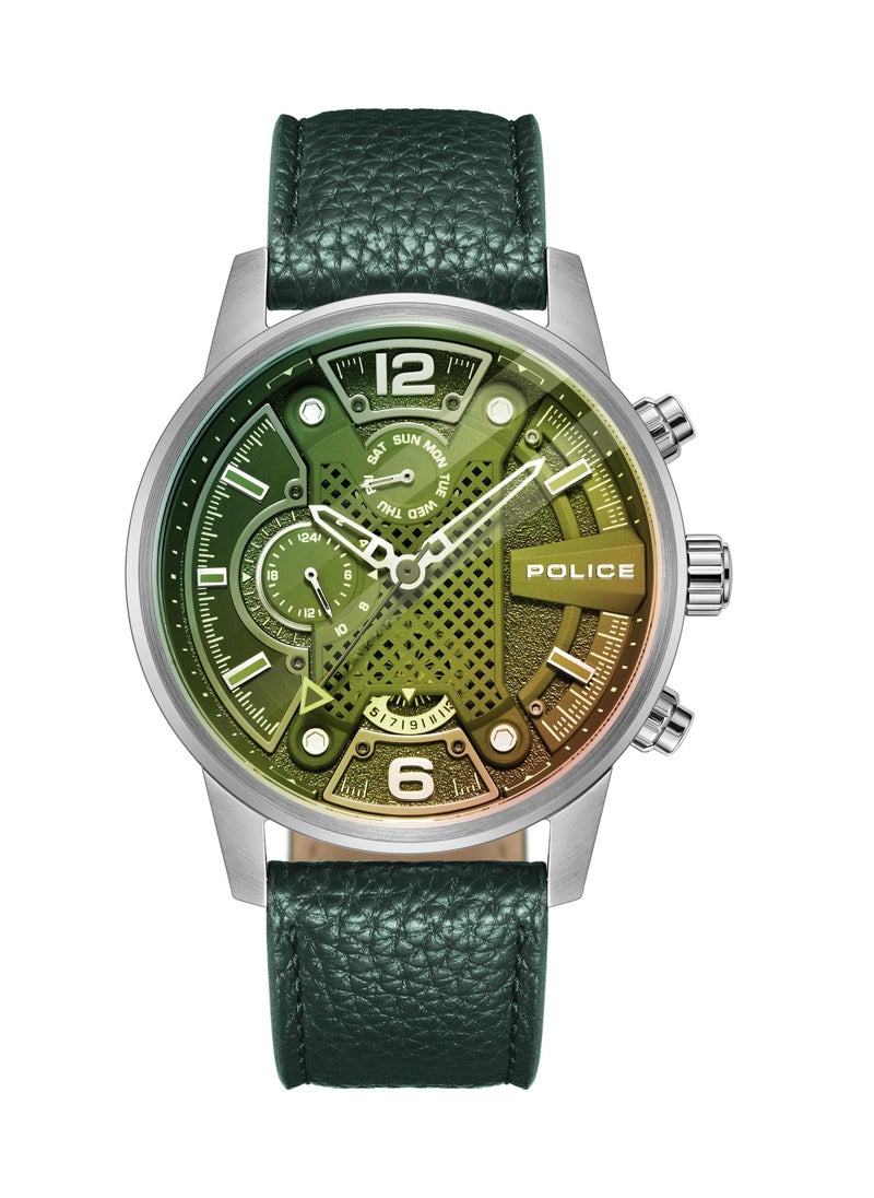 Lanshu 48mm Men's Multifunction Watch with Green Leather Strap