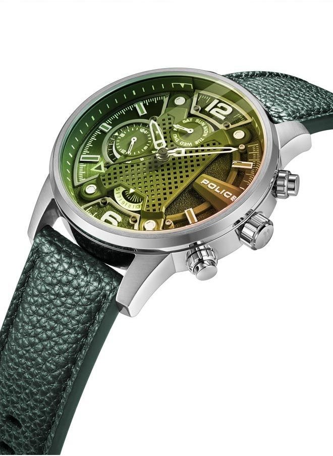 Lanshu 48mm Men's Multifunction Watch with Green Leather Strap