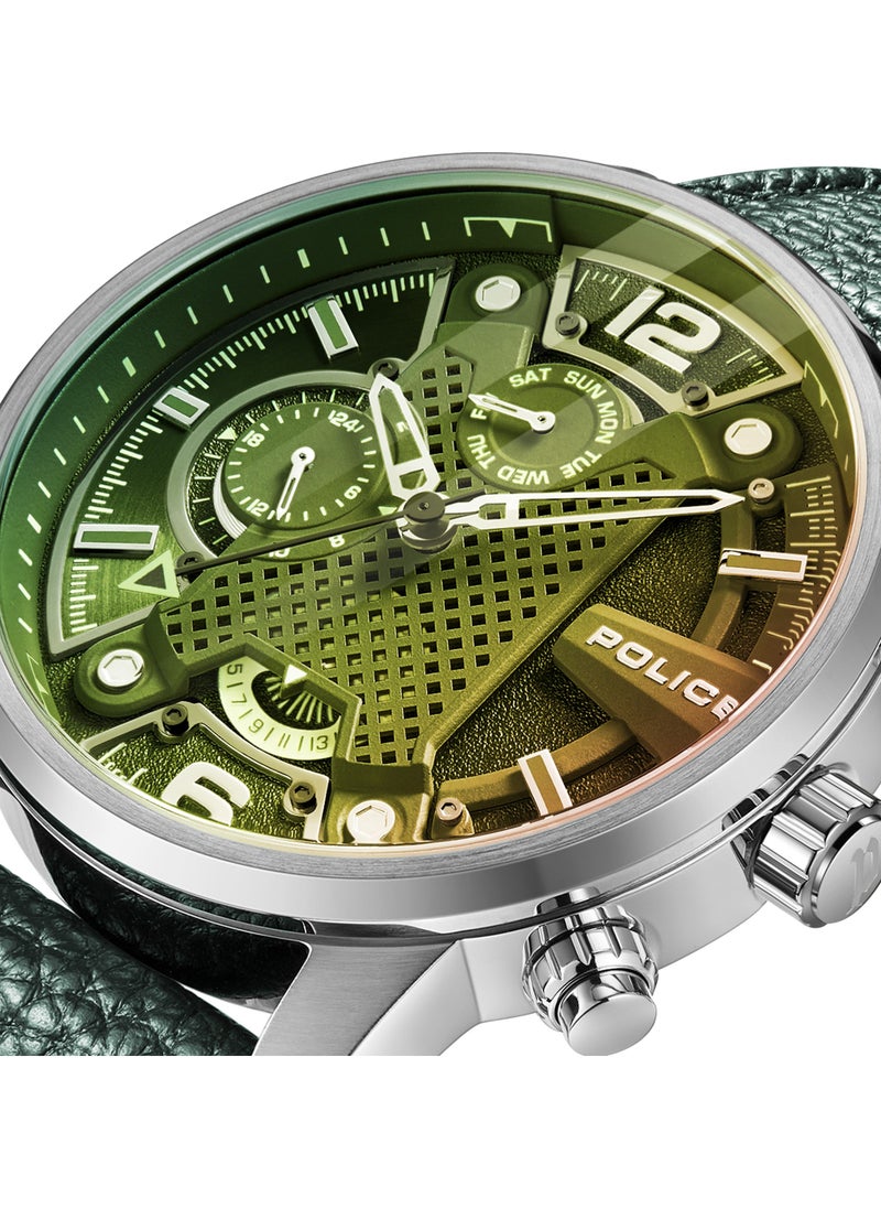 Lanshu 48mm Men's Multifunction Watch with Green Leather Strap