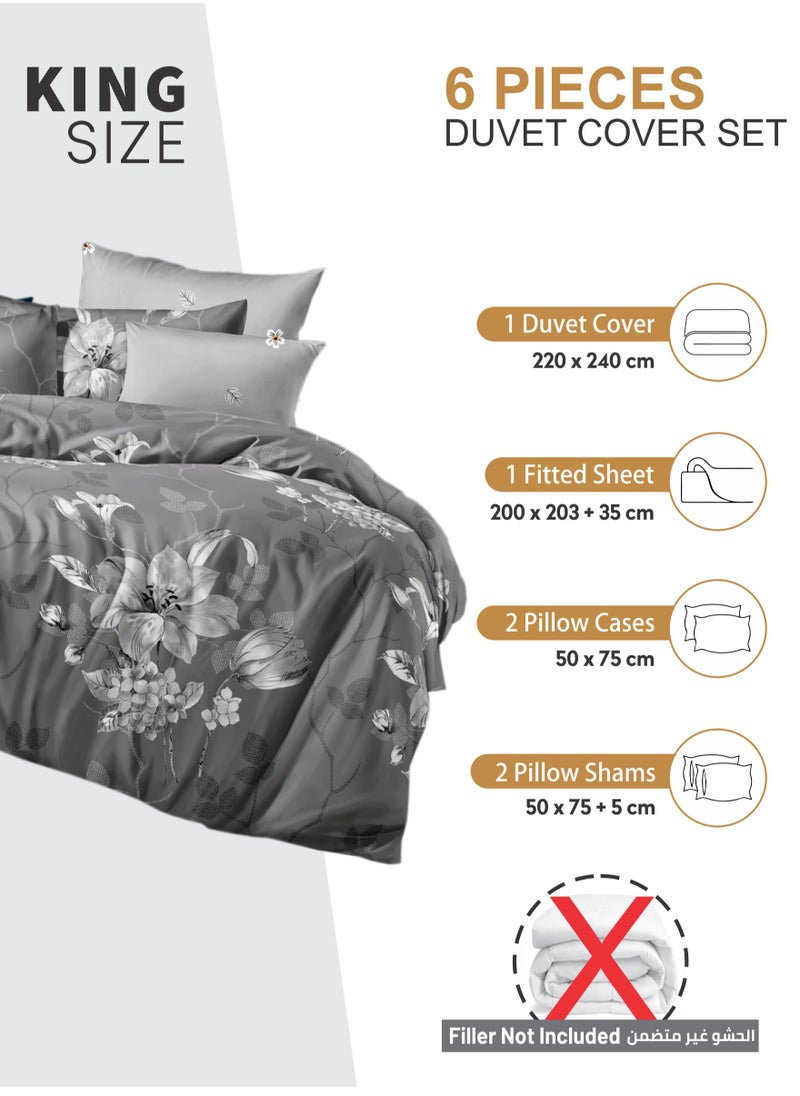 Printed Duvet Set, King Size 220x240 cm - 6-Pcs Bed Set, Microfiber Fabric - 1 Duvet Cover, 1 Fitted Sheet, 2 Pillow Shams, 2 Pillowcases (Filler Not Included)