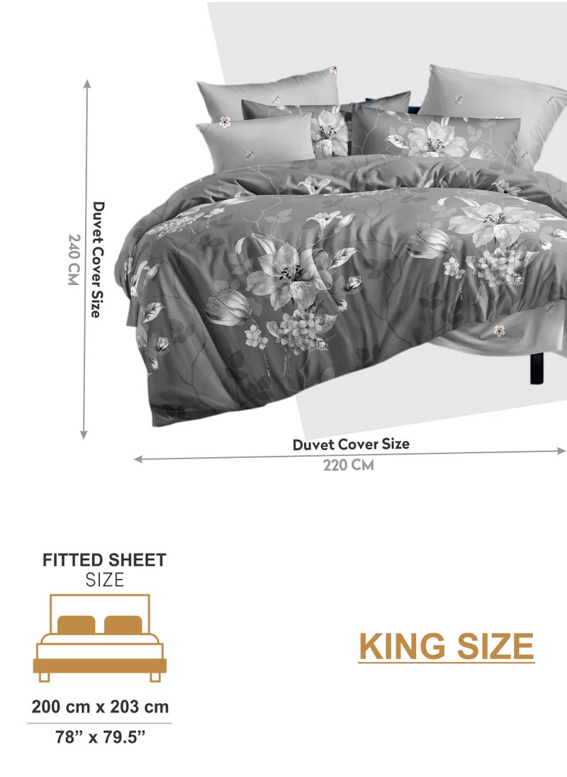 Printed Duvet Set, King Size 220x240 cm - 6-Pcs Bed Set, Microfiber Fabric - 1 Duvet Cover, 1 Fitted Sheet, 2 Pillow Shams, 2 Pillowcases (Filler Not Included)