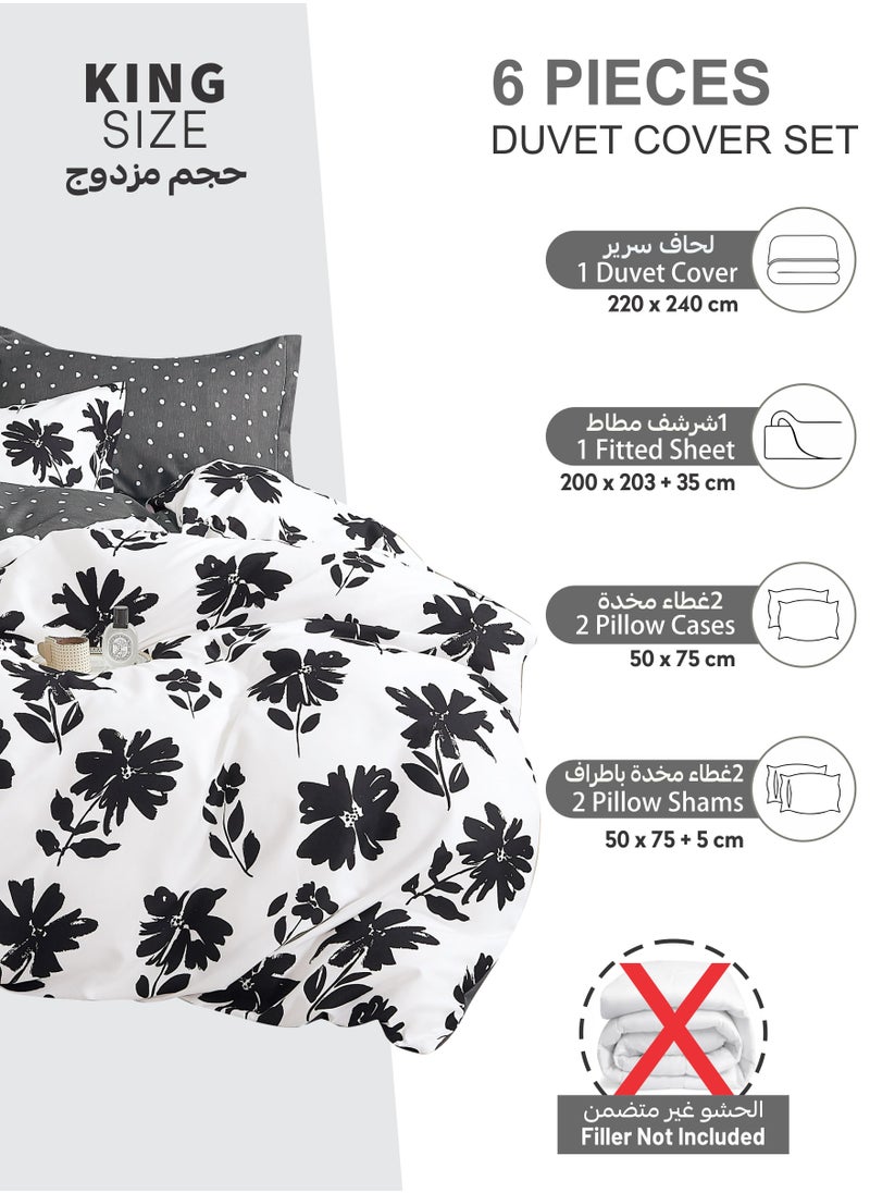 Printed Duvet Set, King Size 220x240 cm - 6-Pcs Bed Set, Microfiber Fabric - 1 Duvet Cover, 1 Fitted Sheet, 2 Pillow Shams, 2 Pillowcases (Filler Not Included)