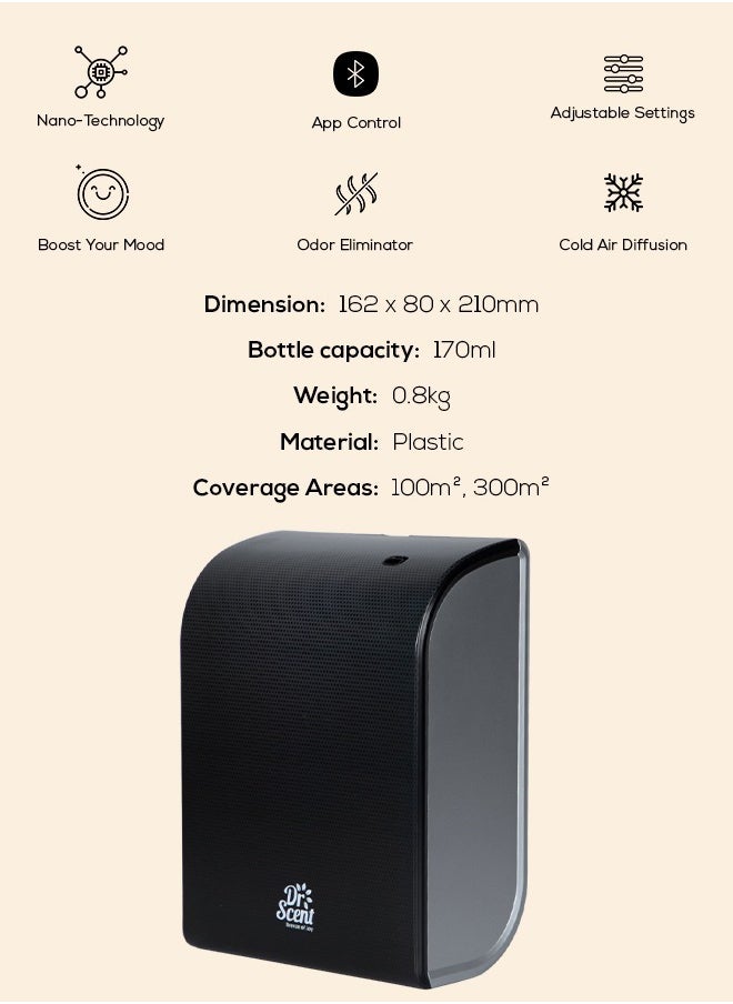 Dr Scent Essential Oil Diffuser – Elegant | Sophisticated Design, 100m²-300m³ Coverage, Bluetooth & App Control, Infuses Fragrance to Enhance Your Environment (Black-Silver)