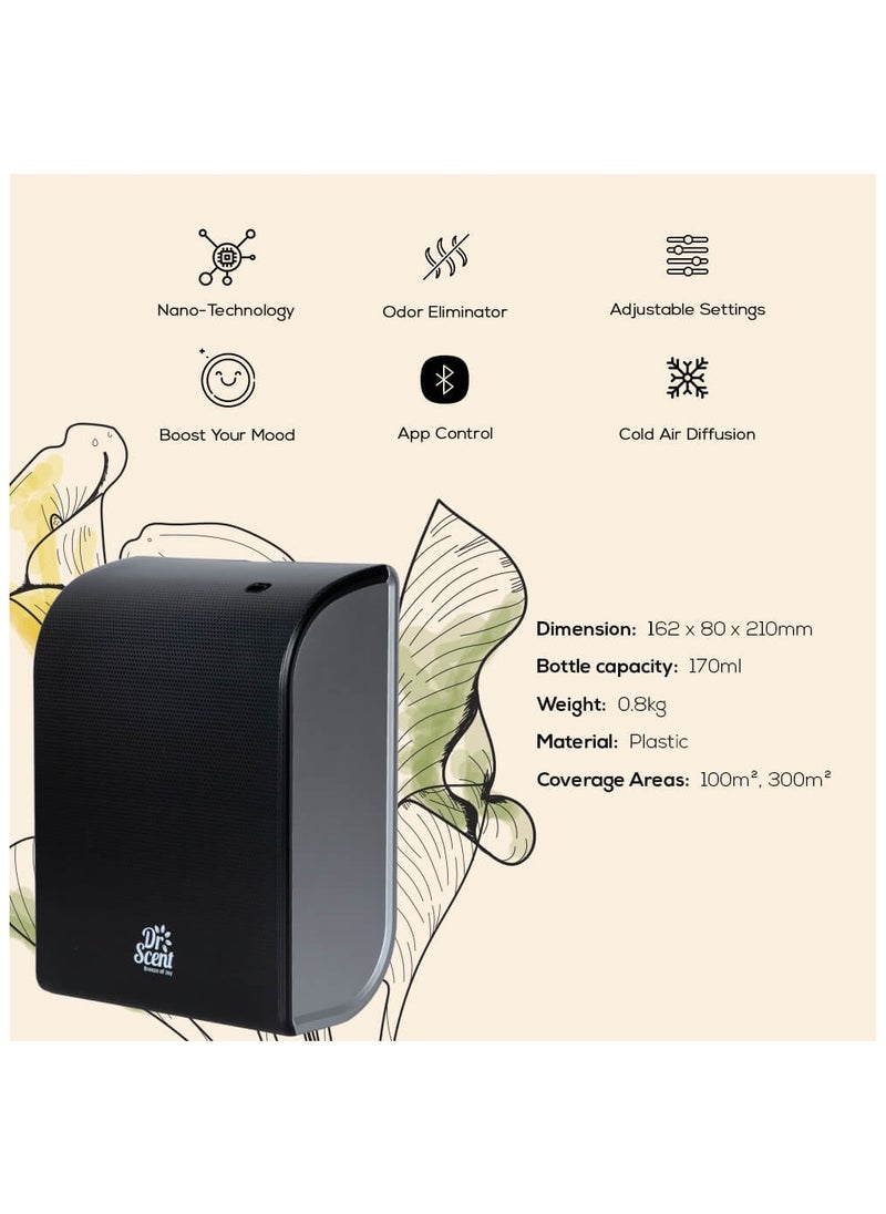 Dr Scent Essential Oil Diffuser – Elegant | Sophisticated Design, 100m²-300m³ Coverage, Bluetooth & App Control, Infuses Fragrance to Enhance Your Environment (Black-Silver)