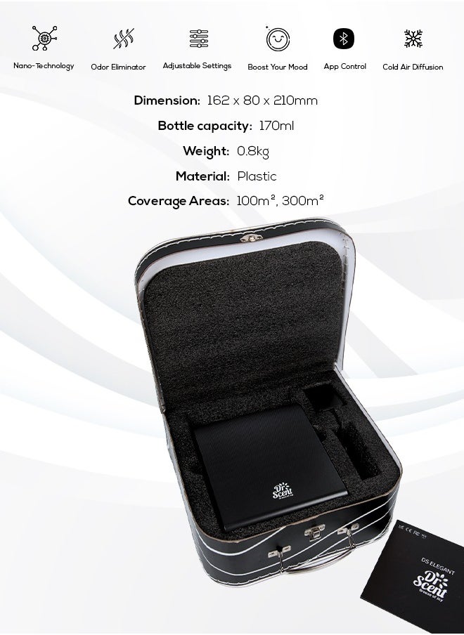 Dr Scent Essential Oil Diffuser – Elegant | Sophisticated Design, 100m²-300m³ Coverage, Bluetooth & App Control, Infuses Fragrance to Enhance Your Environment (Black-Silver)