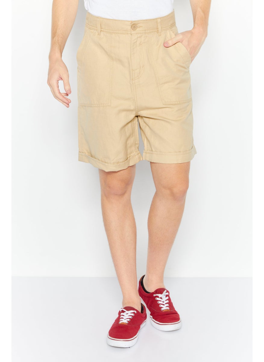 Men Plain Denim Short, Beige