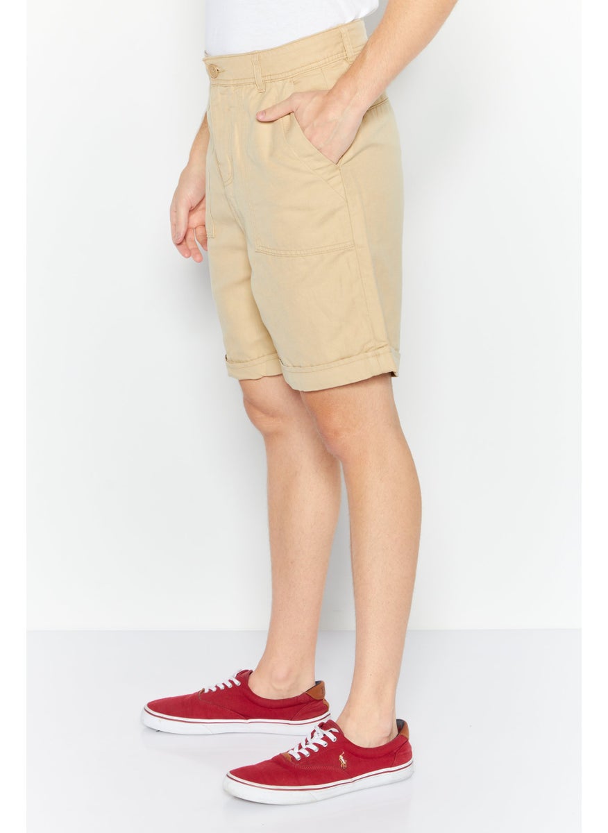 Men Plain Denim Short, Beige