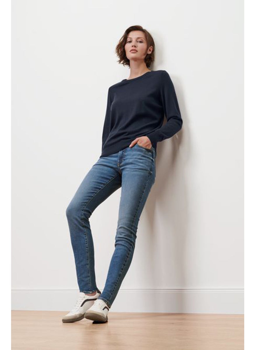 Women Round Neck Knitted Sweater, Navy Blue