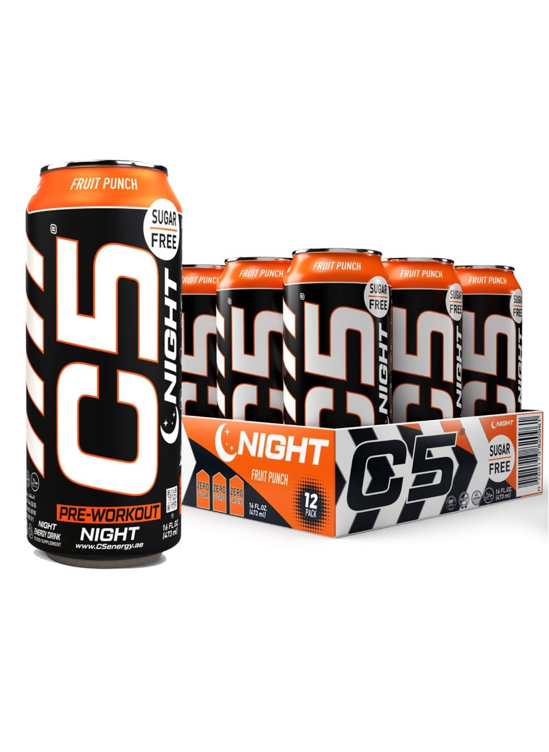 C5 Drink Night Fruit Punch, Pre Workout, Zero Caffeine, Sugar Free, Zero Calories with Beta Alanine, L-Arginine 16fl.OZ, 473ml Caffeine Free Preworkout Pack of 12