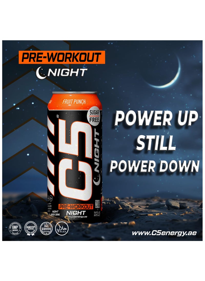 C5 Drink Night Fruit Punch, Pre Workout, Zero Caffeine, Sugar Free, Zero Calories with Beta Alanine, L-Arginine 16fl.OZ, 473ml Caffeine Free Preworkout Pack of 12