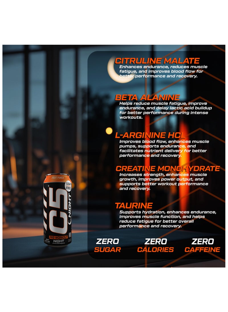 C5 Drink Night Fruit Punch, Pre Workout, Zero Caffeine, Sugar Free, Zero Calories with Beta Alanine, L-Arginine 16fl.OZ, 473ml Caffeine Free Preworkout Pack of 12