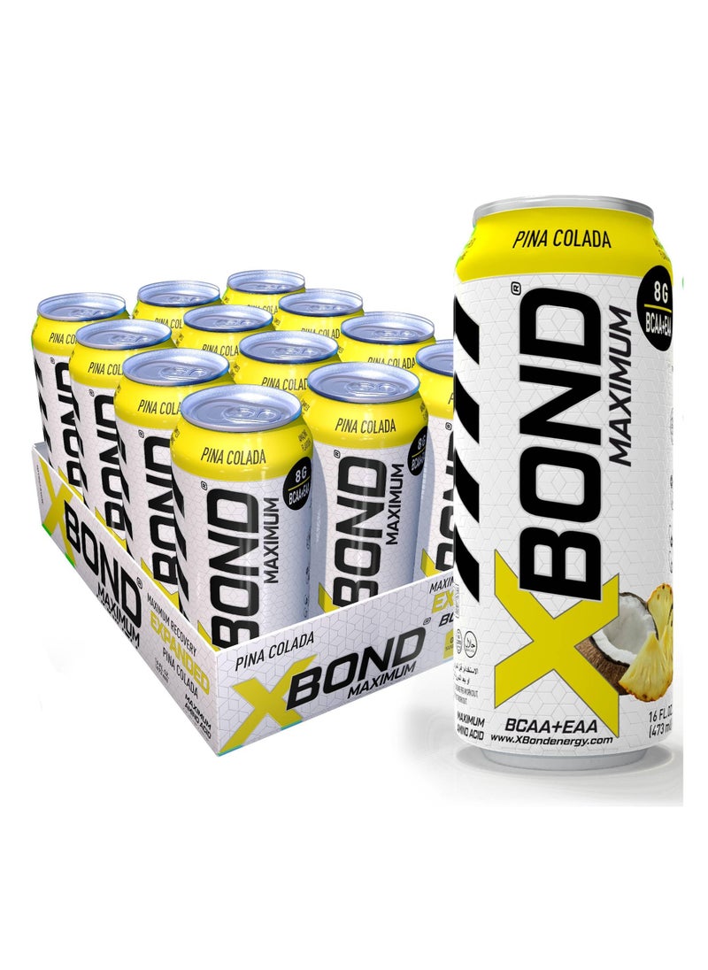 X-BOND 8g BCAA/EAA Pina Colada Maximum RecoveryExpanded Maximum Amino Drink - BCAA + EAA Electrolytes Drink - 16 fl oz (473 ml) -  Sugar Free 34 Calories, 60mg Caffeine Pack of 12