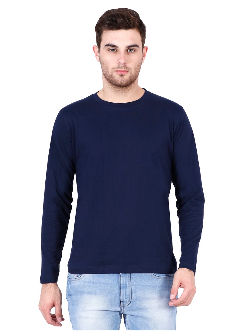 Navy Blue Men's Cotton Round Neck Full Sleeve Tshirt