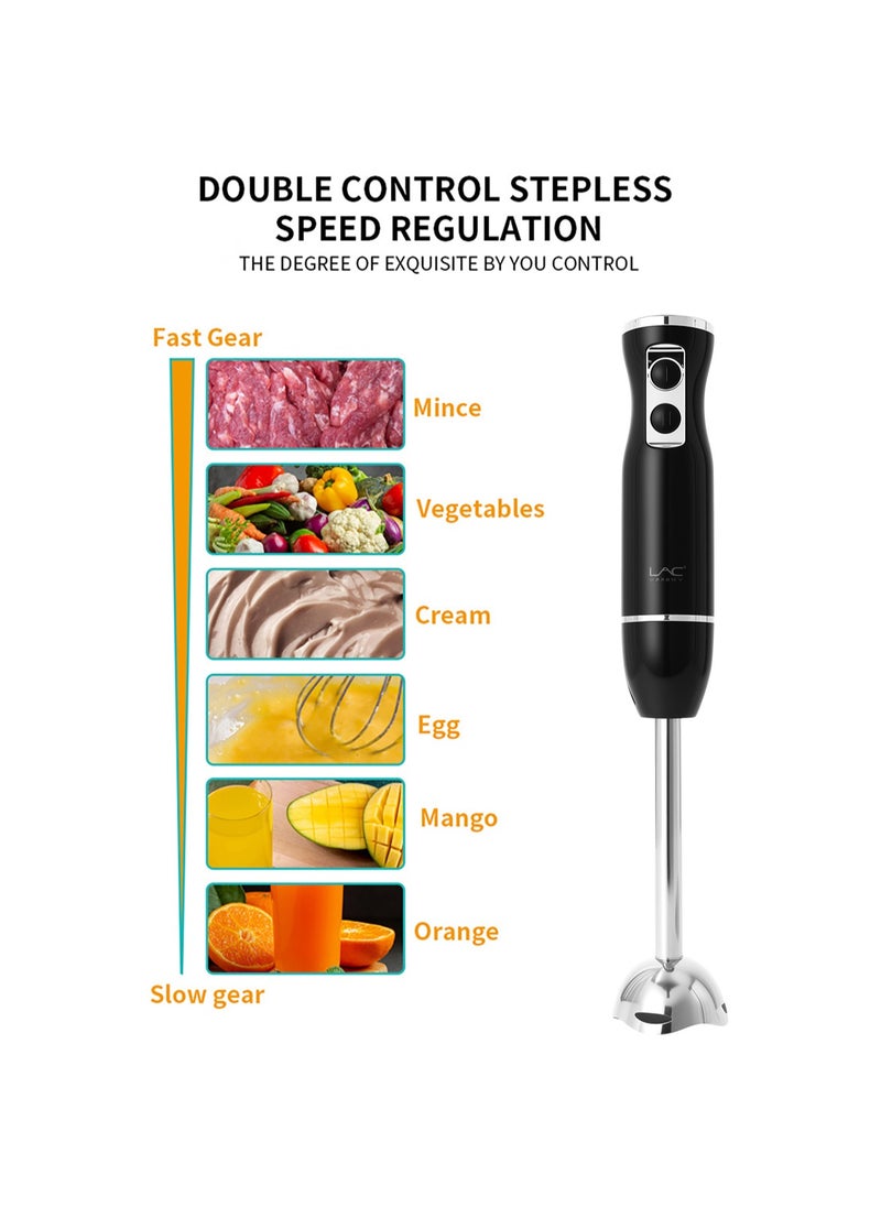 Hand Blender, 4 in 1 Blender, Hand Blender Electric 500W 2-Speed and Turbo Mode, Immersion Blender with 500ml Food Chopper, 600ml Container, Milk Frother, Egg Whisk, for Smoothie Sauces Food Soups