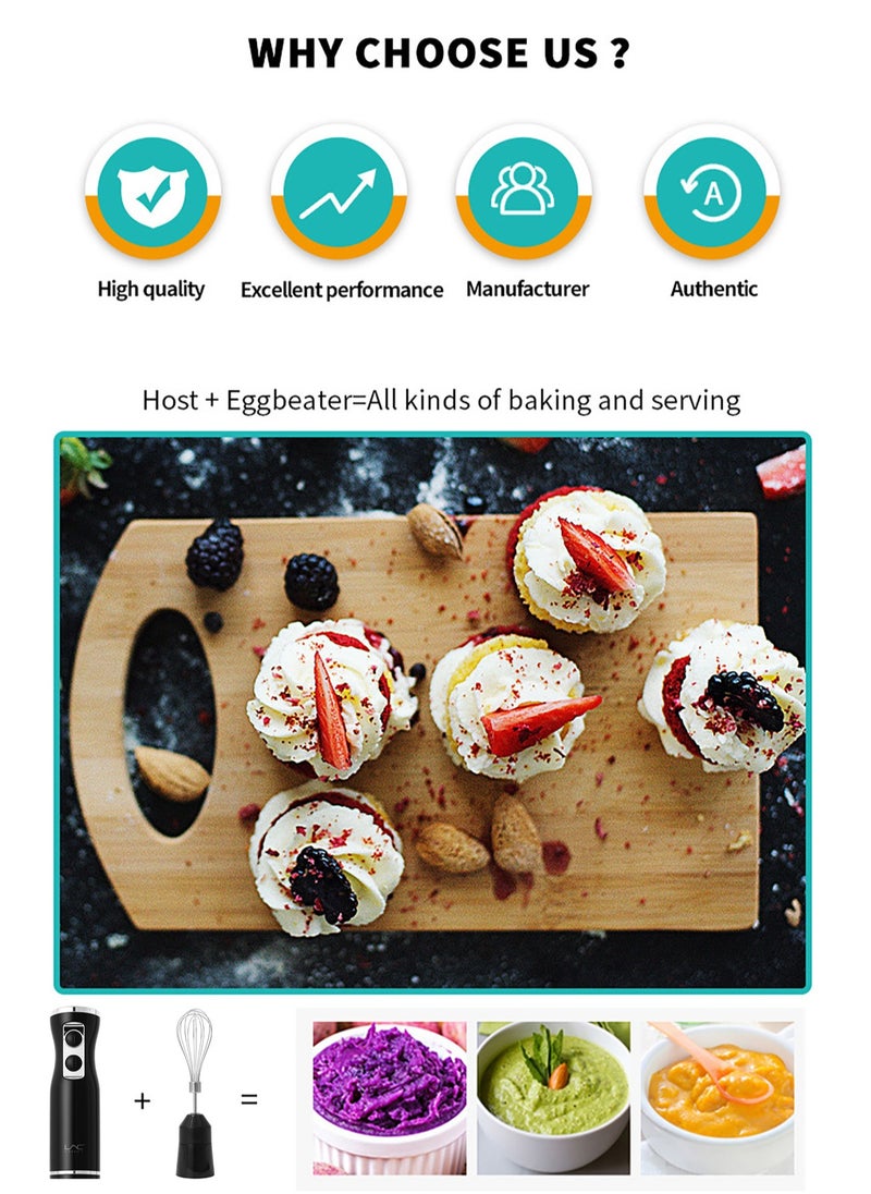 Hand Blender, 4 in 1 Blender, Hand Blender Electric 500W 2-Speed and Turbo Mode, Immersion Blender with 500ml Food Chopper, 600ml Container, Milk Frother, Egg Whisk, for Smoothie Sauces Food Soups