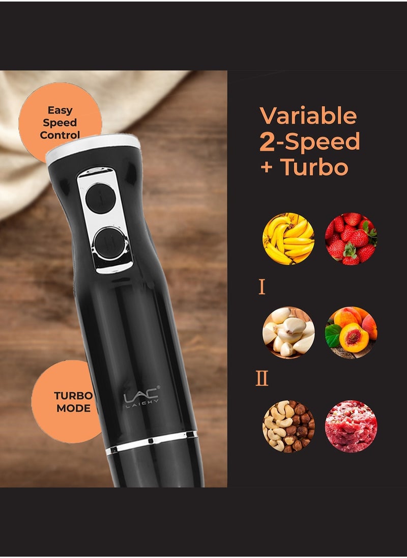 Hand Blender, 4 in 1 Blender, Hand Blender Electric 500W 2-Speed and Turbo Mode, Immersion Blender with 500ml Food Chopper, 600ml Container, Milk Frother, Egg Whisk, for Smoothie Sauces Food Soups