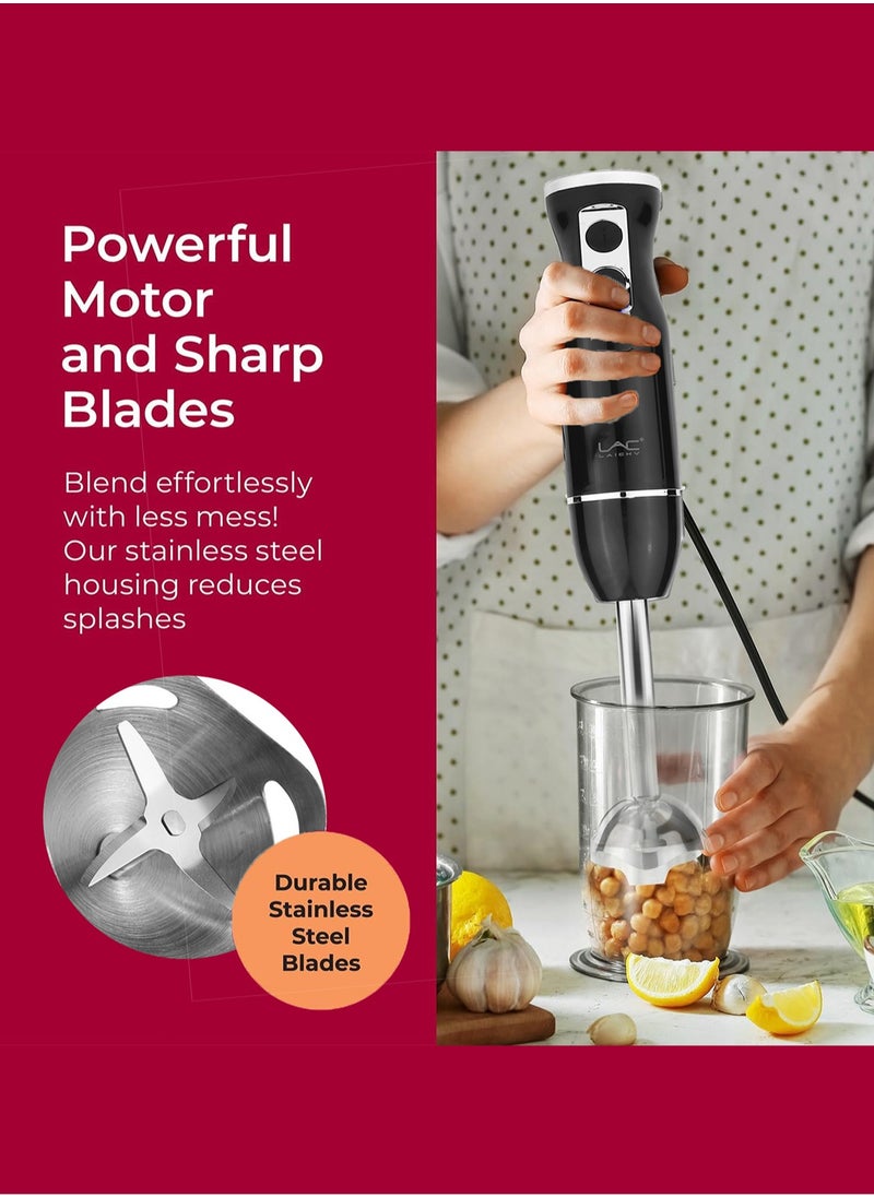Hand Blender, 4 in 1 Blender, Hand Blender Electric 500W 2-Speed and Turbo Mode, Immersion Blender with 500ml Food Chopper, 600ml Container, Milk Frother, Egg Whisk, for Smoothie Sauces Food Soups
