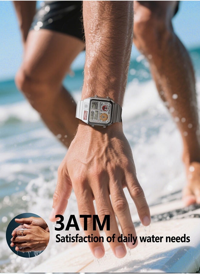 Multifunctional Stainless Steel Watch for Men with Dual Display and Classic Design