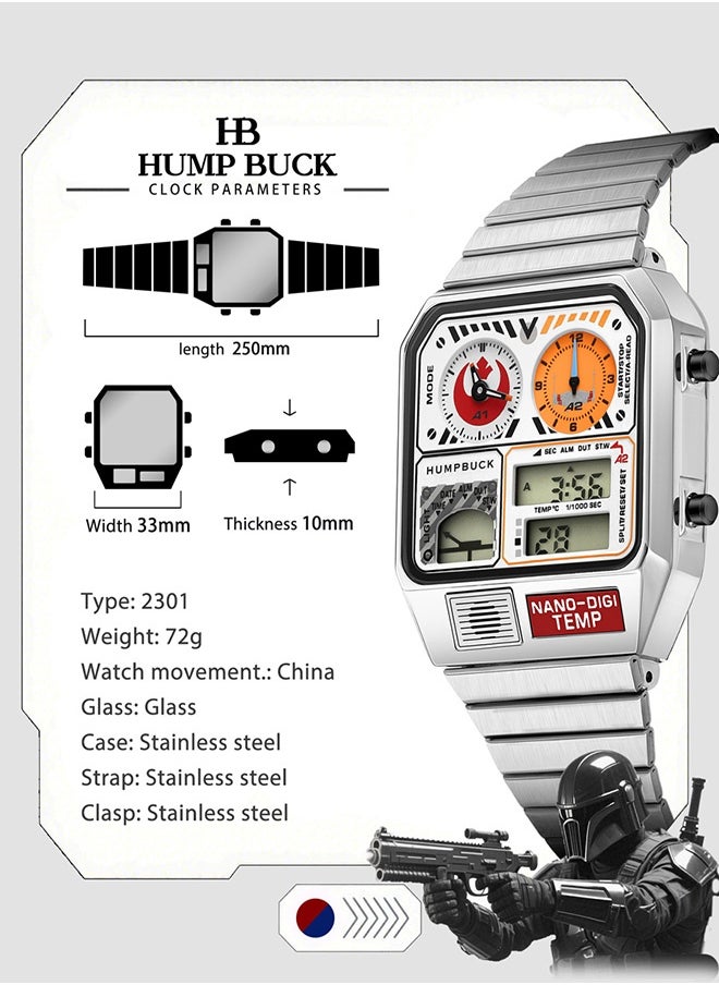 Multifunctional Stainless Steel Watch for Men with Dual Display and Classic Design