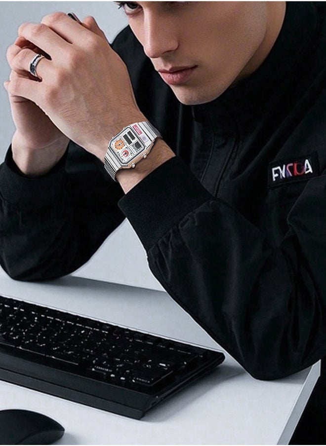 Multifunctional Stainless Steel Watch for Men with Dual Display and Classic Design