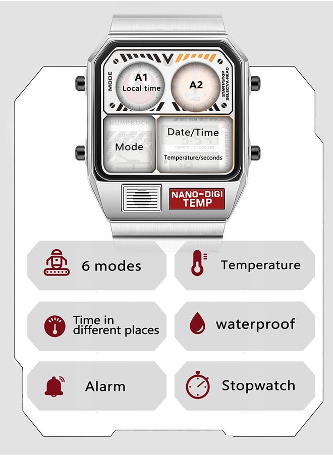 Multifunctional Stainless Steel Watch for Men with Dual Display and Classic Design