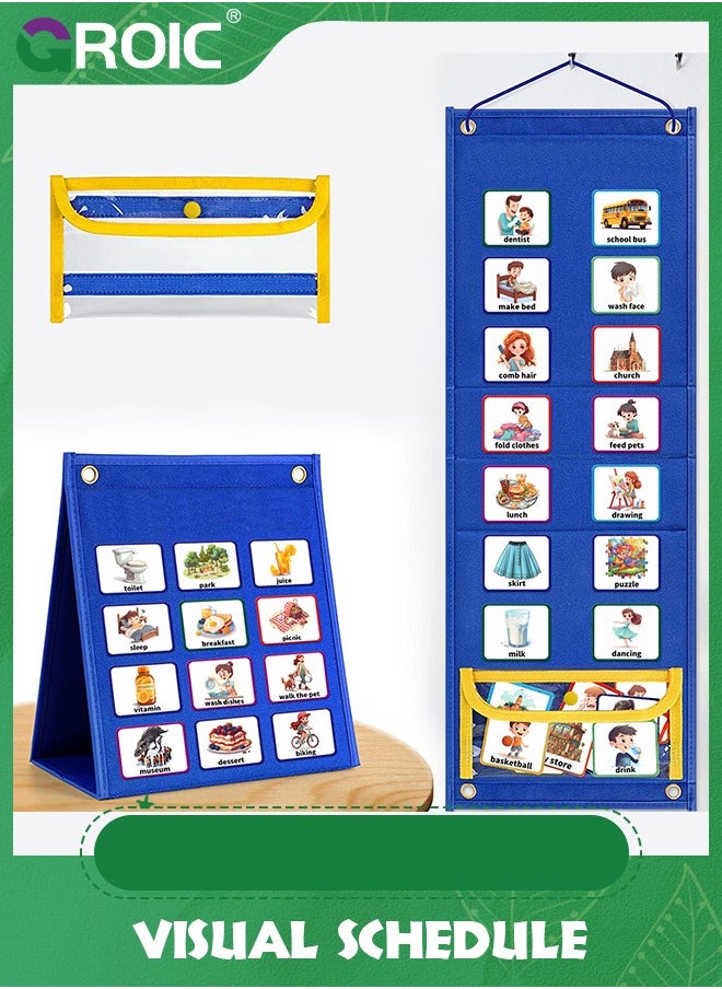 Kids Visual Schedule Calendar Chart, 2 in 1 Autism Daily Chore Routine Chart With 96 Cards,Kids Visual Behavioral Tool Wall Planner for Home,Morning Bedtime Routine Chart for Toddlers