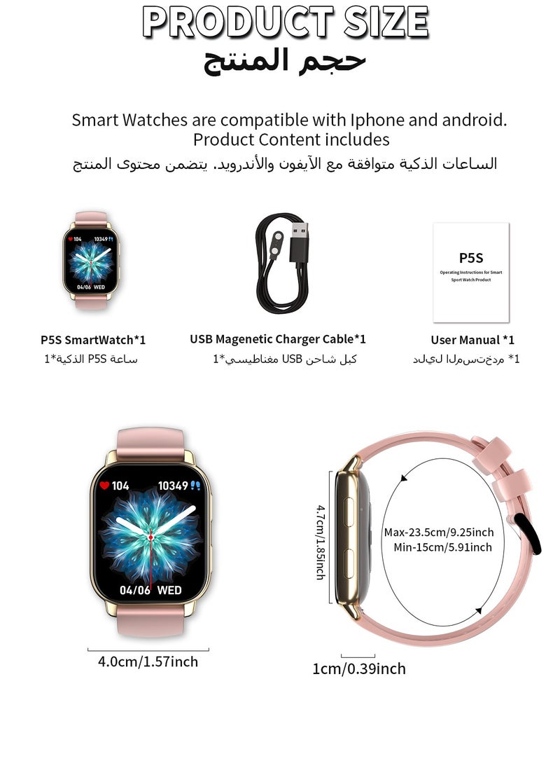 Korean Brand P5S Smart Watch,Business Smartwatch,Waterproof Fitness Watch, Bluetooth Calling,Smart watch for Men, Zinc Alloy Vacuum Plating, Heart Rate Monitoring,Smart watch for women Gold dial + pink strap