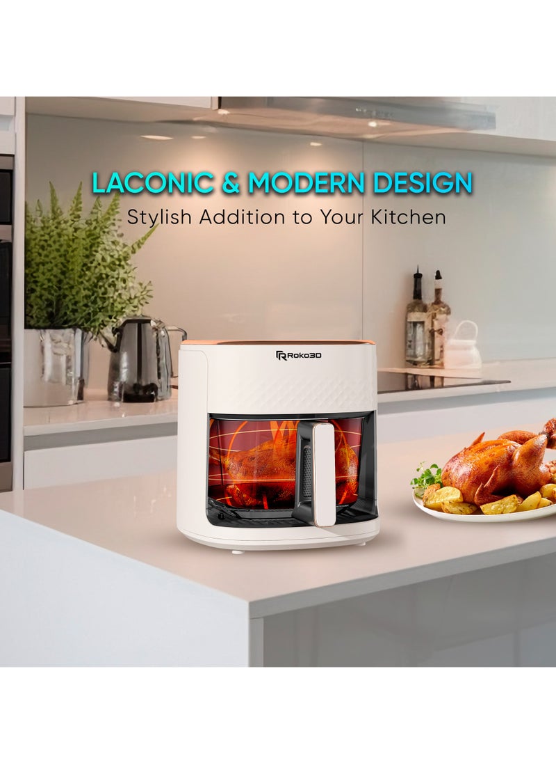 ROKO 3D Air Fryer 4.2L with Non-Toxic Glass Basket – Oil-Free Deep Fry, Air Fry, Bake & Roast | Dishwasher Safe, Timer & LED Control Panel for Easy Healthy Cooking