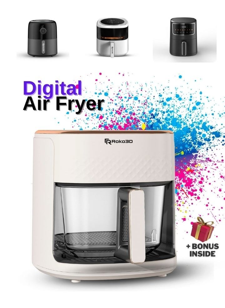 ROKO 3D Air Fryer 4.2L with Non-Toxic Glass Basket – Oil-Free Deep Fry, Air Fry, Bake & Roast | Dishwasher Safe, Timer & LED Control Panel for Easy Healthy Cooking
