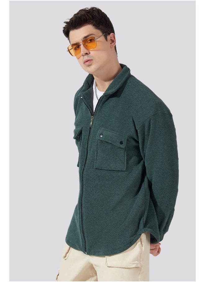 Maniac Men Solid Green Full Sleeve Button Polyester Fleece Shacket