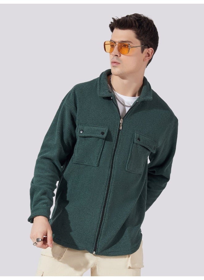 Maniac Men Solid Green Full Sleeve Button Polyester Fleece Shacket