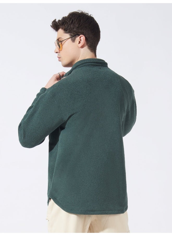 Maniac Men Solid Green Full Sleeve Button Polyester Fleece Shacket