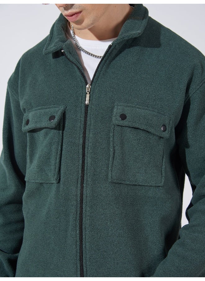 Maniac Men Solid Green Full Sleeve Button Polyester Fleece Shacket