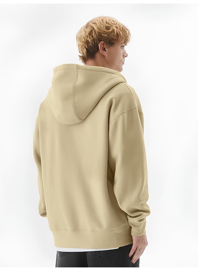 Mens Solid Hooded Neck Full Sleeve Full Zipper Open Beige French Terry Loose fit Sweatshirt