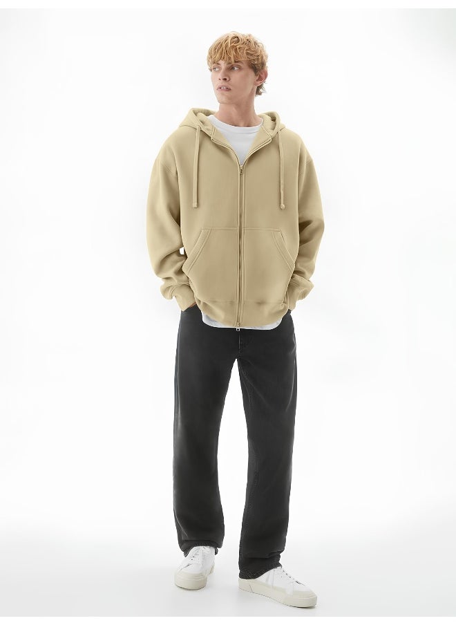 Mens Solid Hooded Neck Full Sleeve Full Zipper Open Beige French Terry Loose fit Sweatshirt