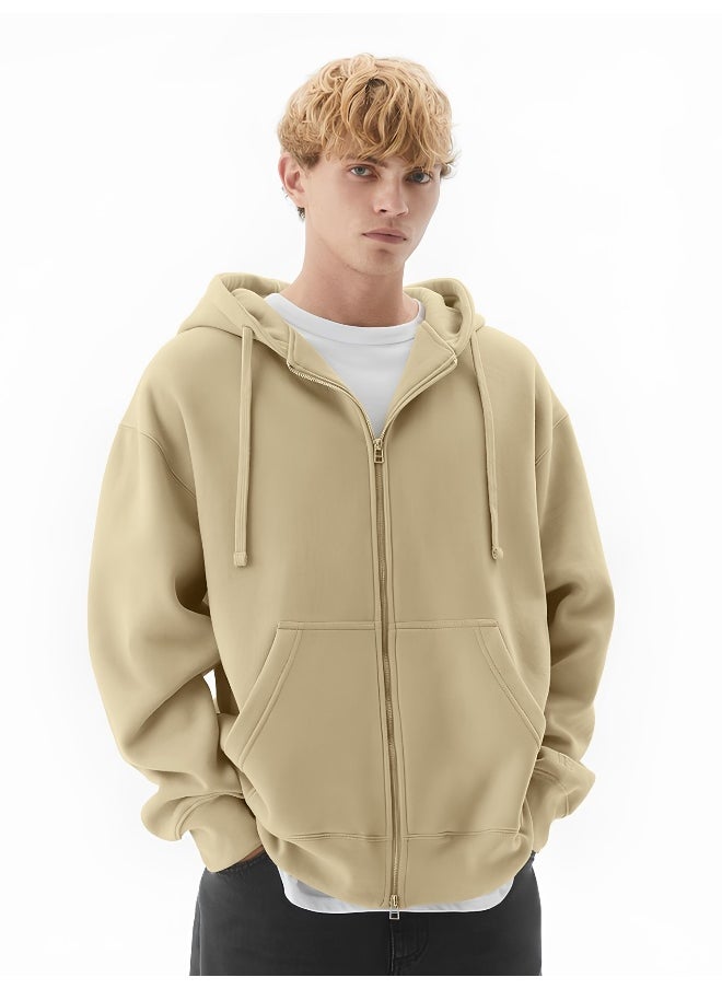 Mens Solid Hooded Neck Full Sleeve Full Zipper Open Beige French Terry Loose fit Sweatshirt