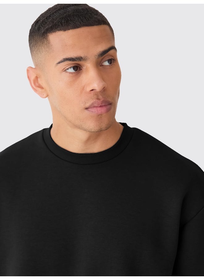 Mens Solid Round Neck Full Sleeve Black Fleece Sweatshirt