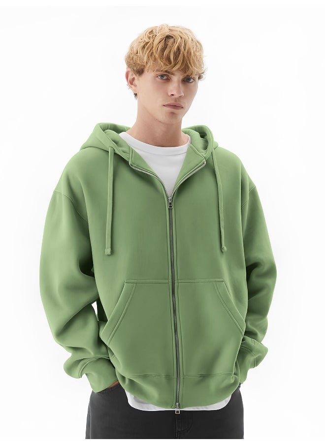Mens Solid Hooded Neck Full Sleeve Full Zipper Open Hunter Green French Terry Loose fit Sweatshirt