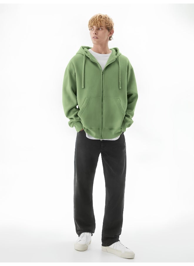Mens Solid Hooded Neck Full Sleeve Full Zipper Open Hunter Green French Terry Loose fit Sweatshirt