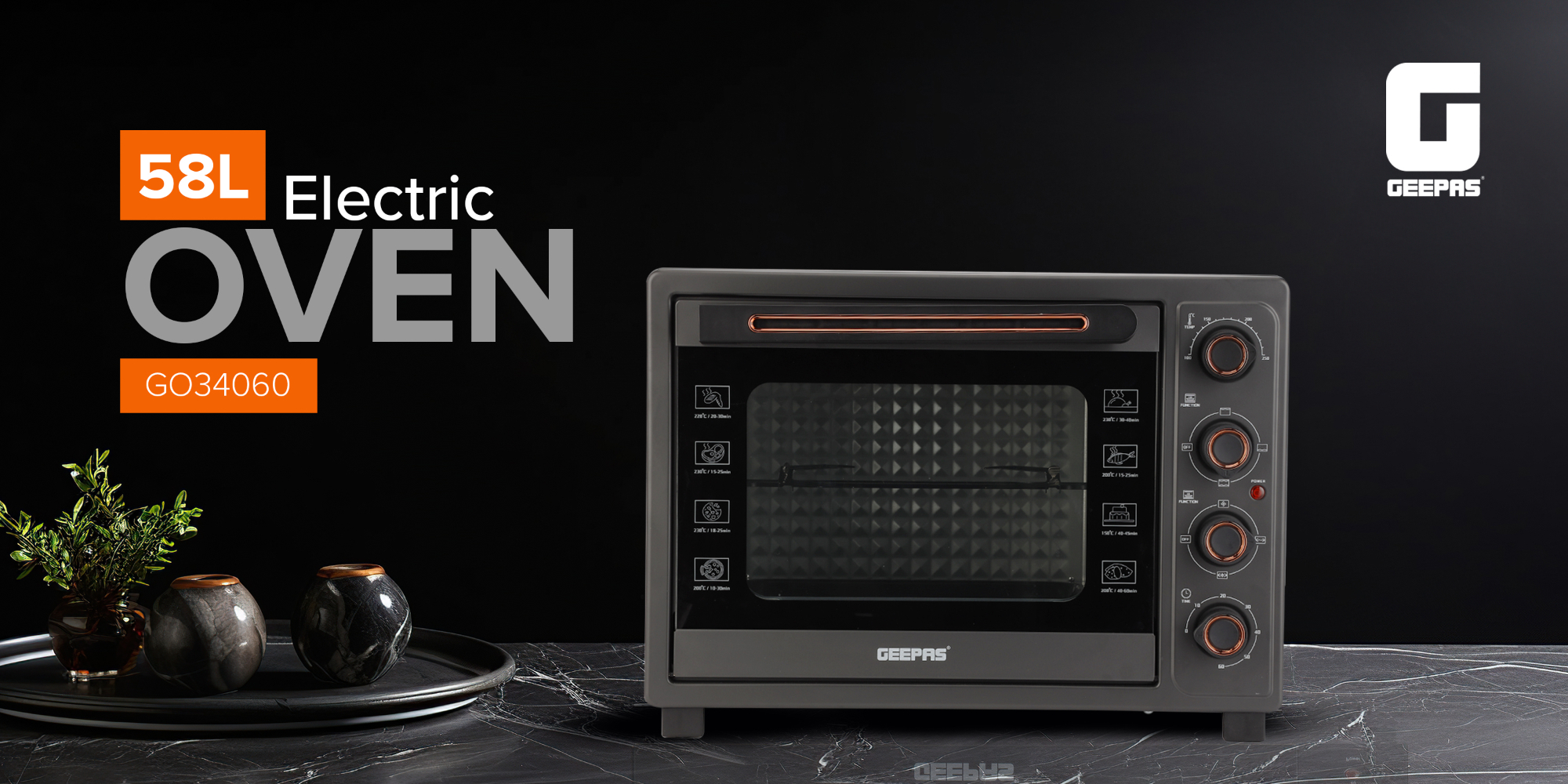 58 L Electric Oven 2100 W | With Rotisserie, Convection Functions and Inner Lamp| Easy to Use Control Knobs, 2 Switch Heating Selector, Adjustable Temperature| Perfect for Baking, Roasting, Cooking Meat, Vegetables, Cakes, Etc| 2 Years Warranty 58 L 2100 W GO34060 Black