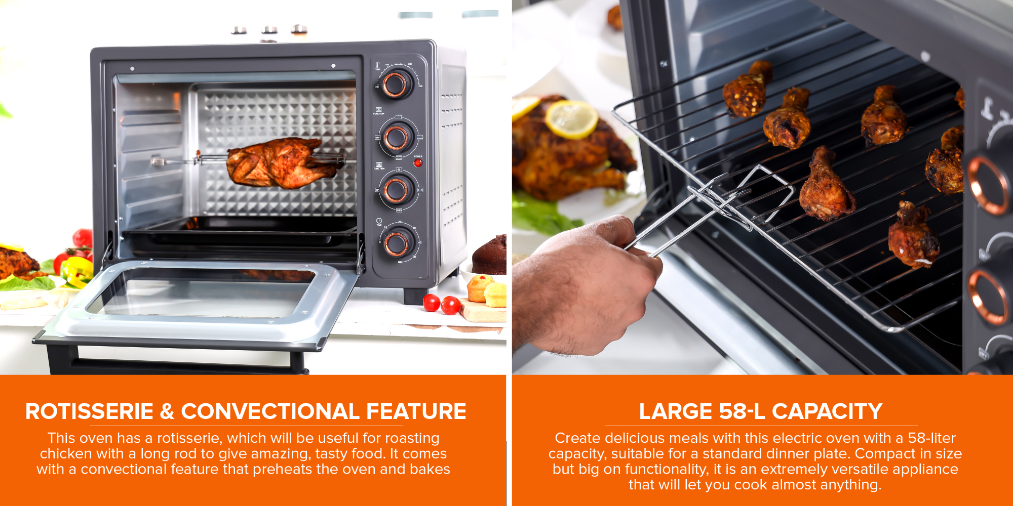 58 L Electric Oven 2100 W | With Rotisserie, Convection Functions and Inner Lamp| Easy to Use Control Knobs, 2 Switch Heating Selector, Adjustable Temperature| Perfect for Baking, Roasting, Cooking Meat, Vegetables, Cakes, Etc| 2 Years Warranty 58 L 2100 W GO34060 Black